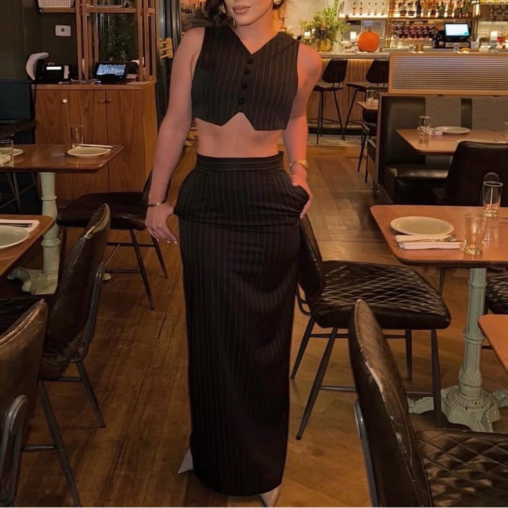Elegant Black Pinstripe Skirt Set